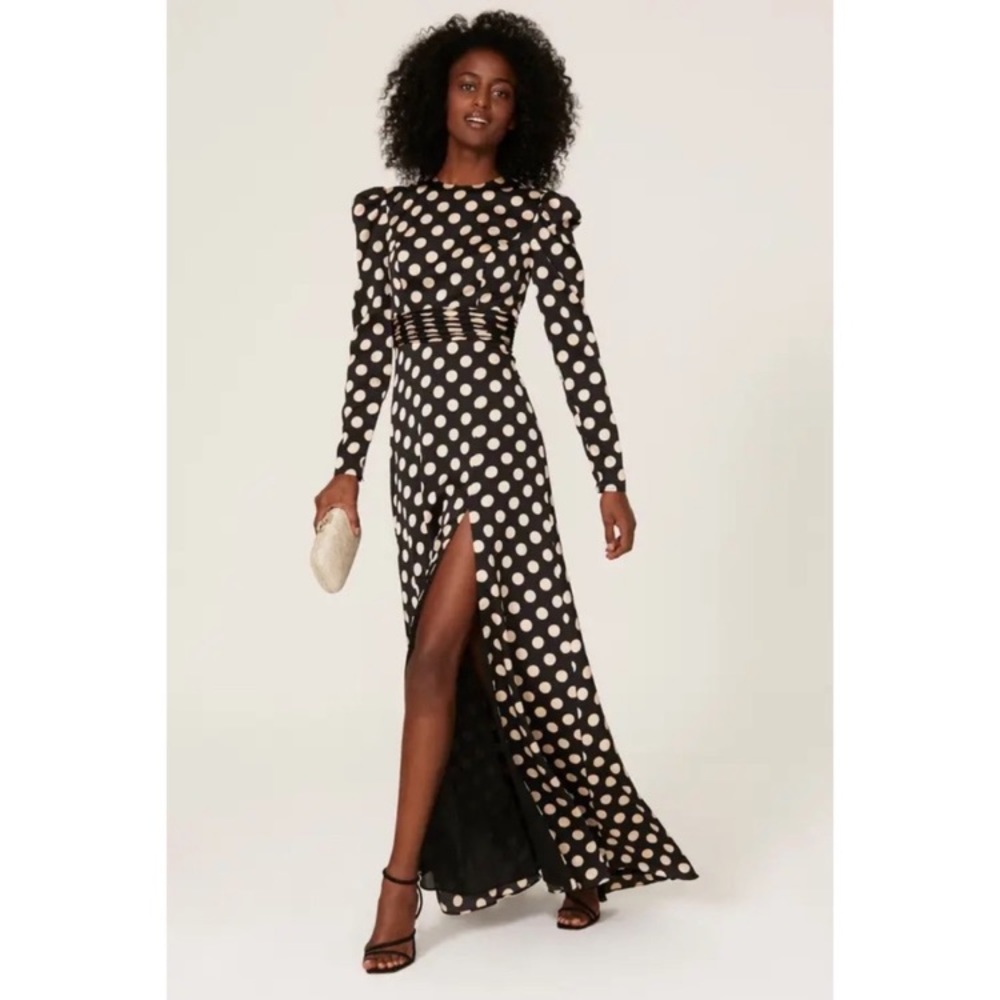 Mac Duggal Black Maxi Dress with Cream Polka Dots